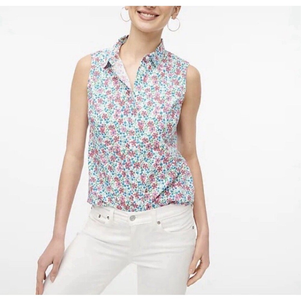 J Crew Pink Blue Floral Sleeveless Cotton Poplin Blouse Size Medium